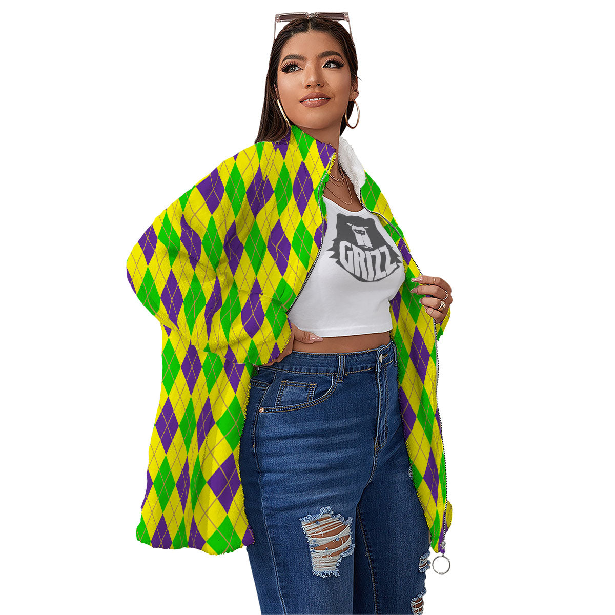 Fat Tuesday Argyle Mardi Gras Print Women's Sherpa Jacket-grizzshop