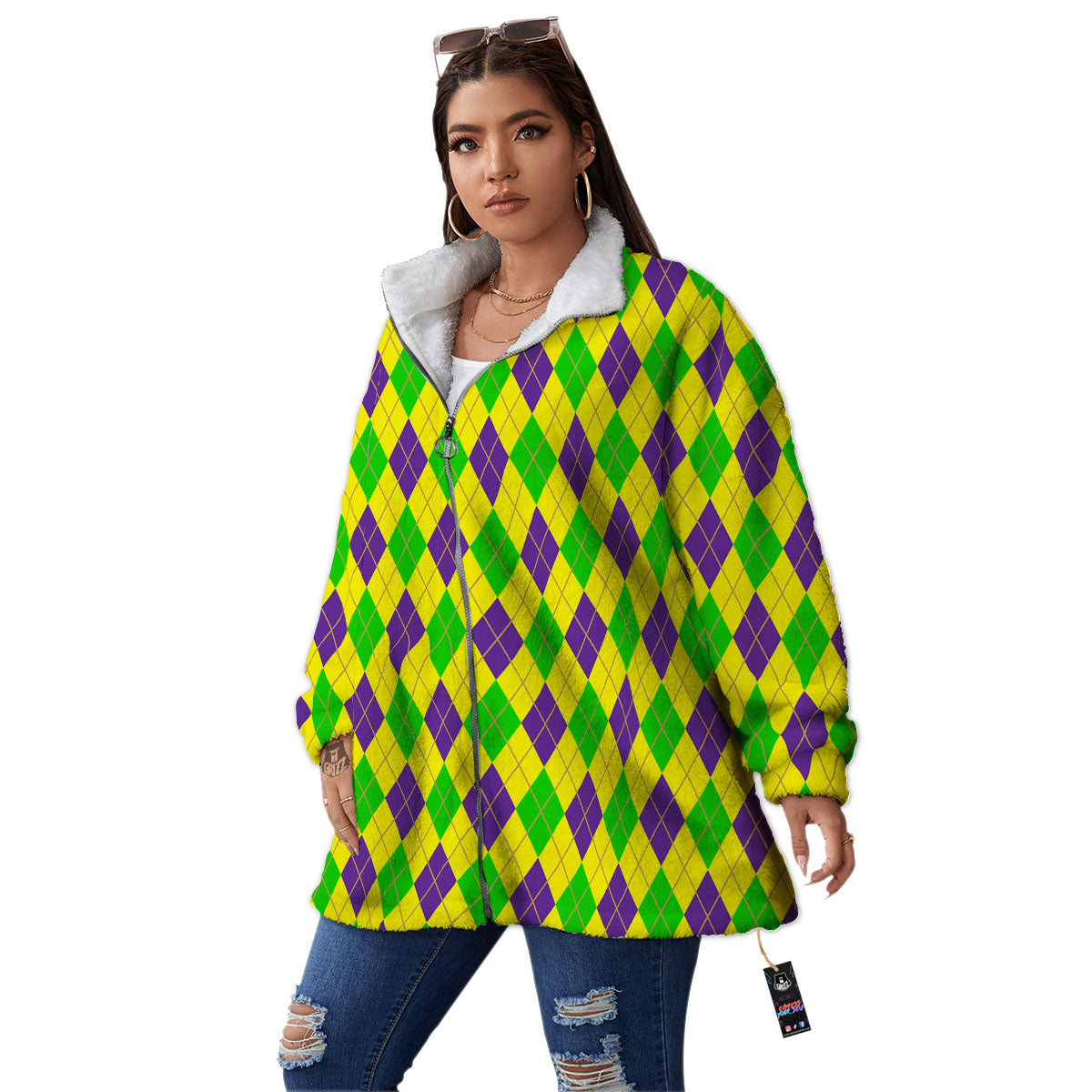 Fat Tuesday Argyle Mardi Gras Print Women's Sherpa Jacket-grizzshop