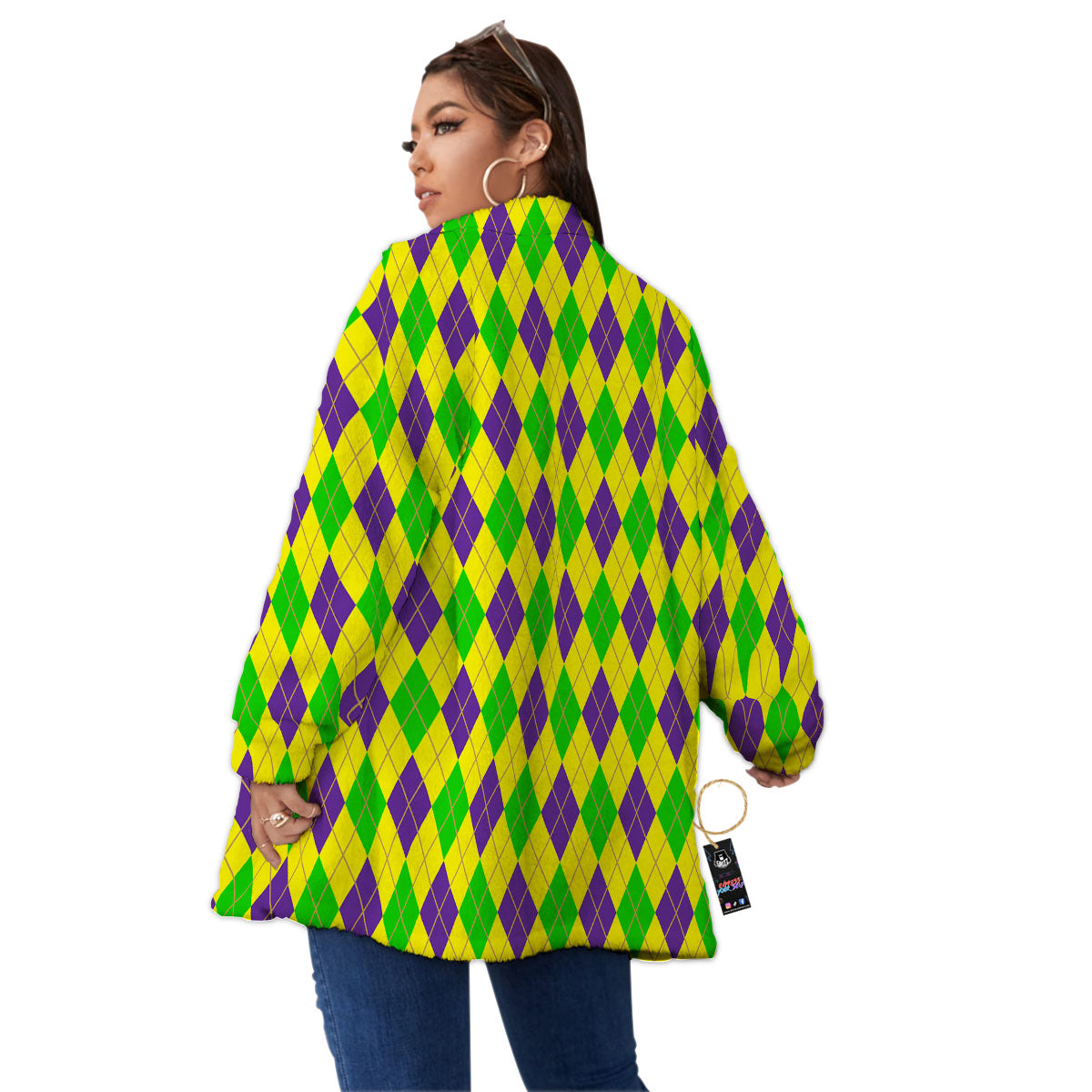 Fat Tuesday Argyle Mardi Gras Print Women's Sherpa Jacket-grizzshop
