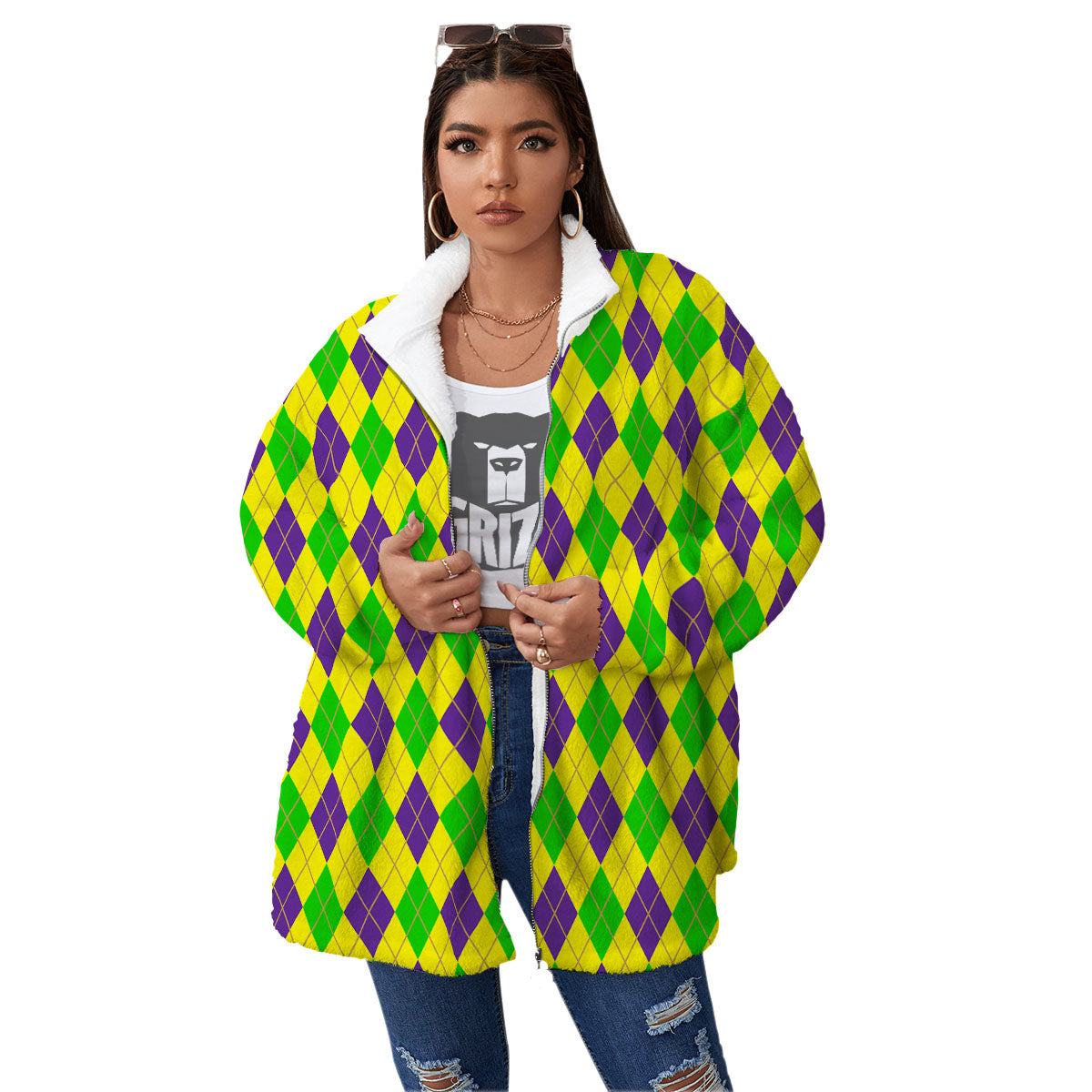 Fat Tuesday Argyle Mardi Gras Print Women's Sherpa Jacket-grizzshop