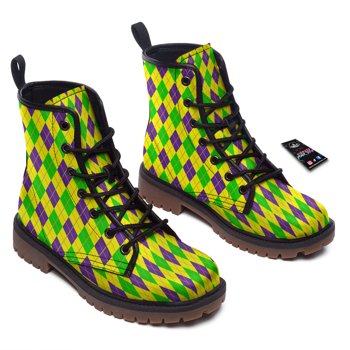Fat Tuesday Argyle Mardi Gras Print Work Boots-grizzshop