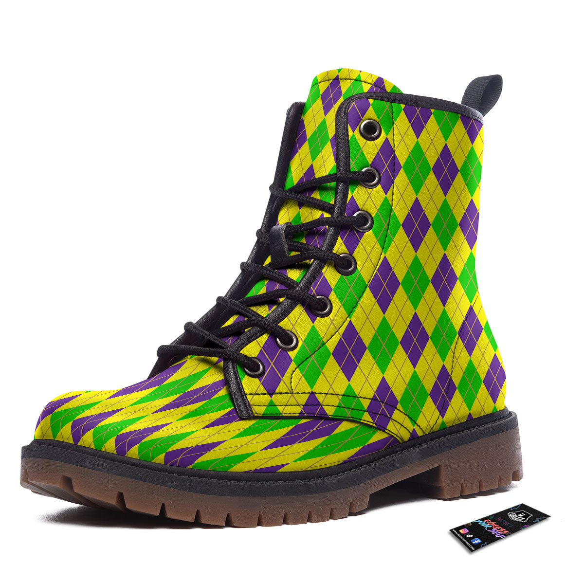 Fat Tuesday Argyle Mardi Gras Print Work Boots-grizzshop