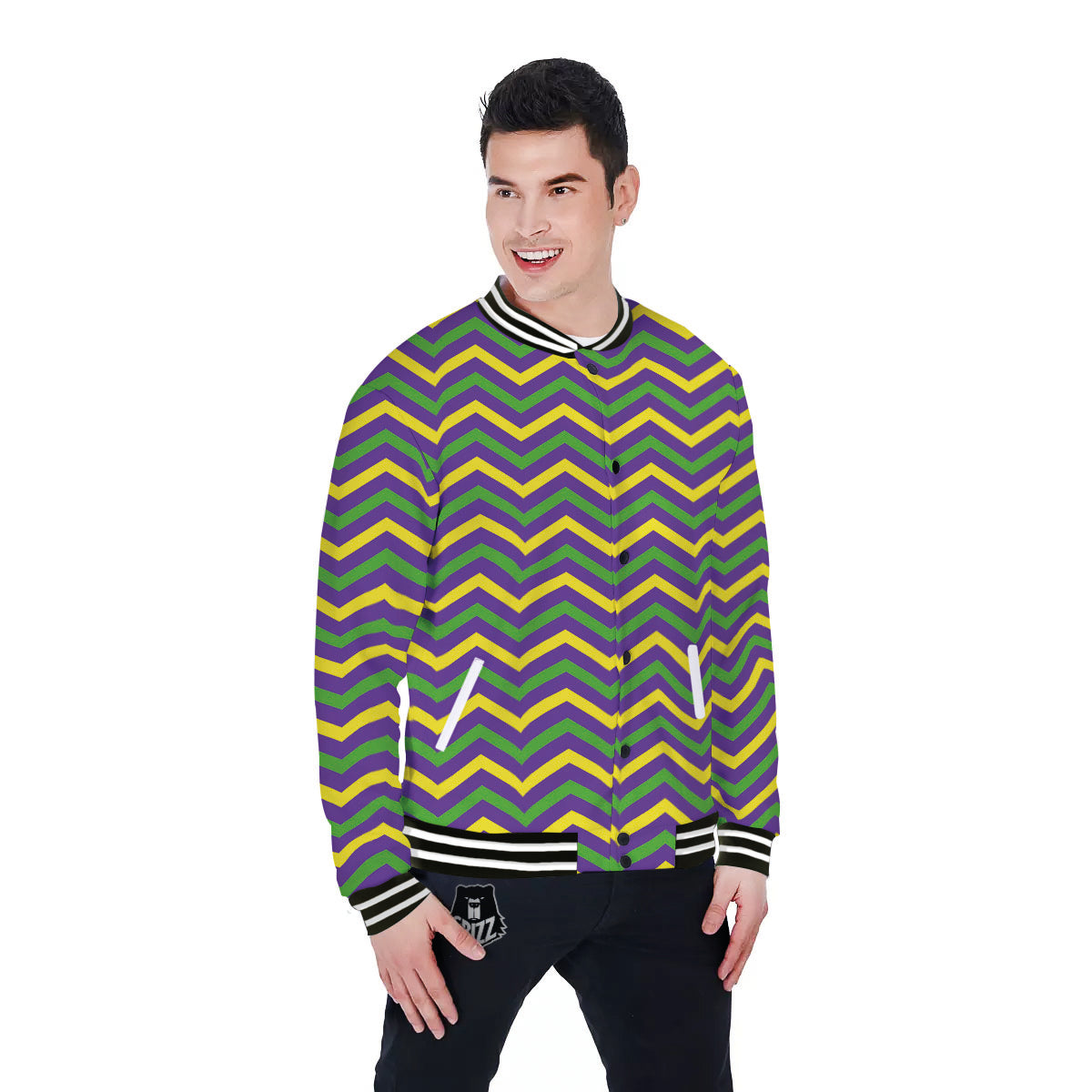 Fat Tuesday Chevron Mardi Gras Print Baseball Jacket-grizzshop