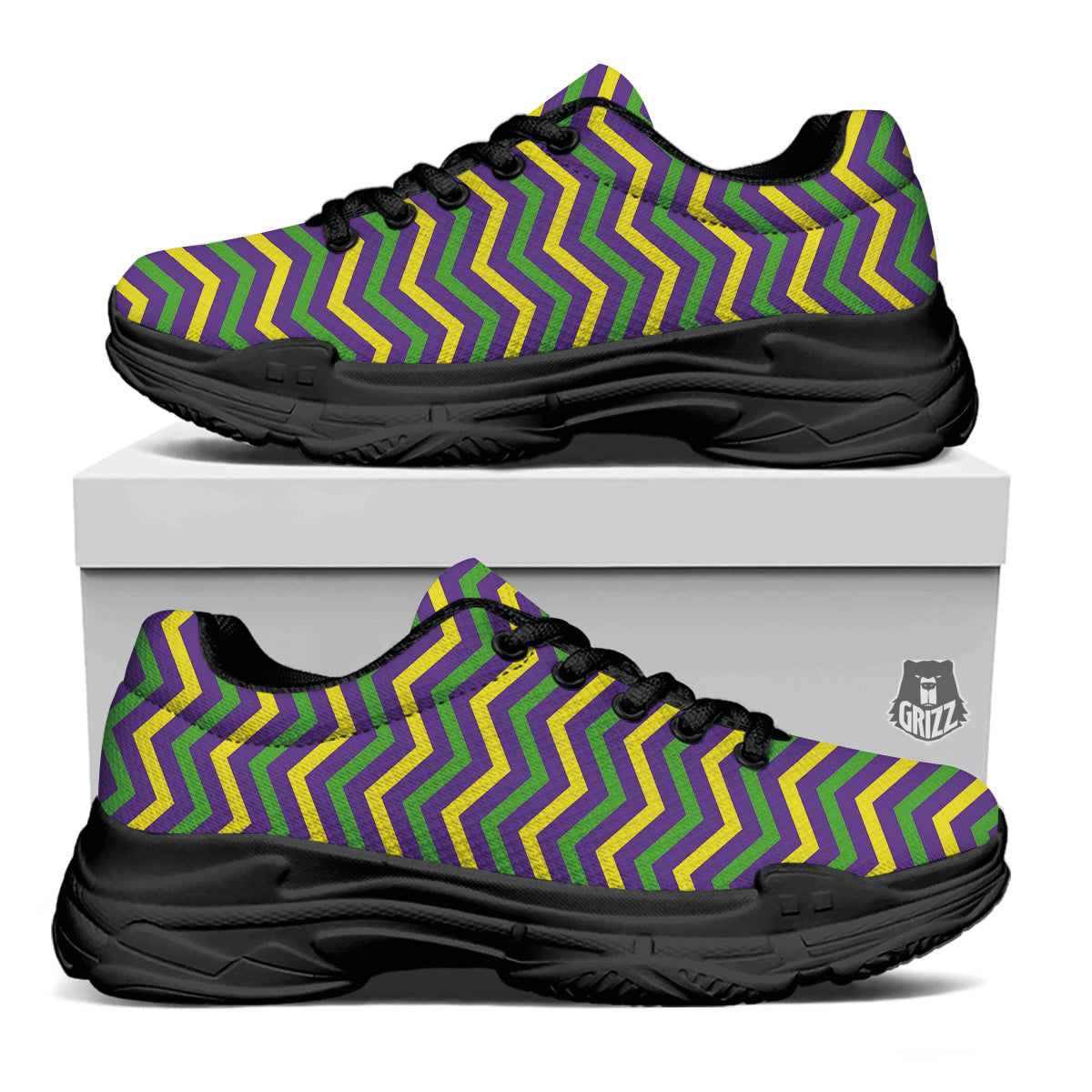 Fat Tuesday Chevron Mardi Gras Print Black Chunky Shoes-grizzshop