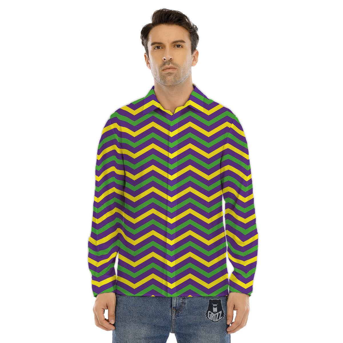 Fat Tuesday Chevron Mardi Gras Print Men's Dress Shirts-grizzshop