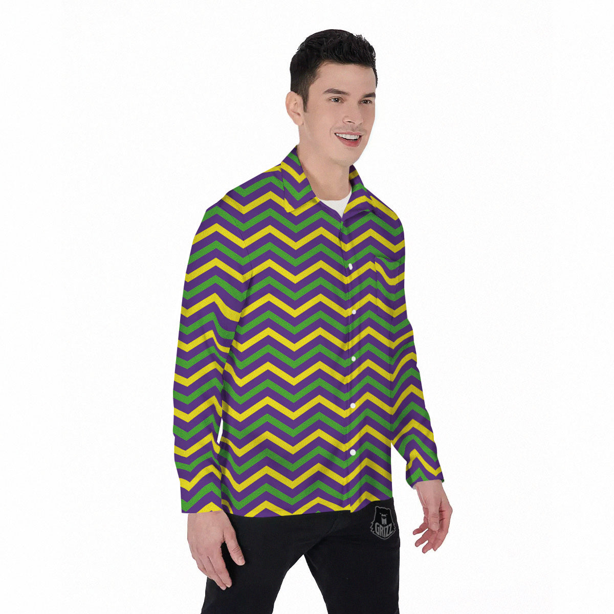 Fat Tuesday Chevron Mardi Gras Print Men's Long Sleeve Shirts-grizzshop