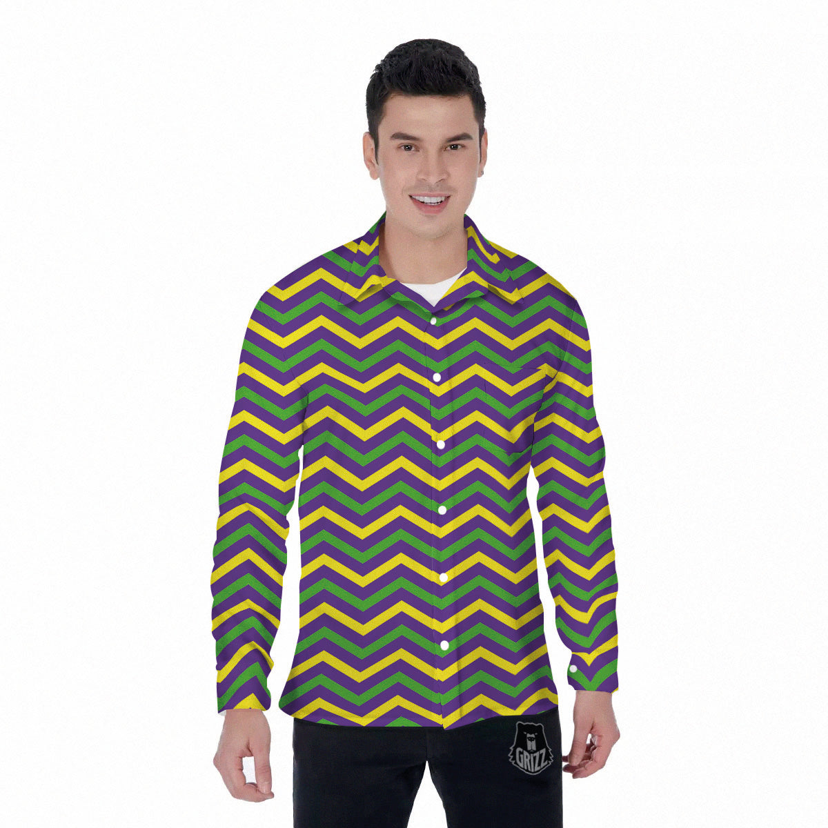 Fat Tuesday Chevron Mardi Gras Print Men's Long Sleeve Shirts-grizzshop