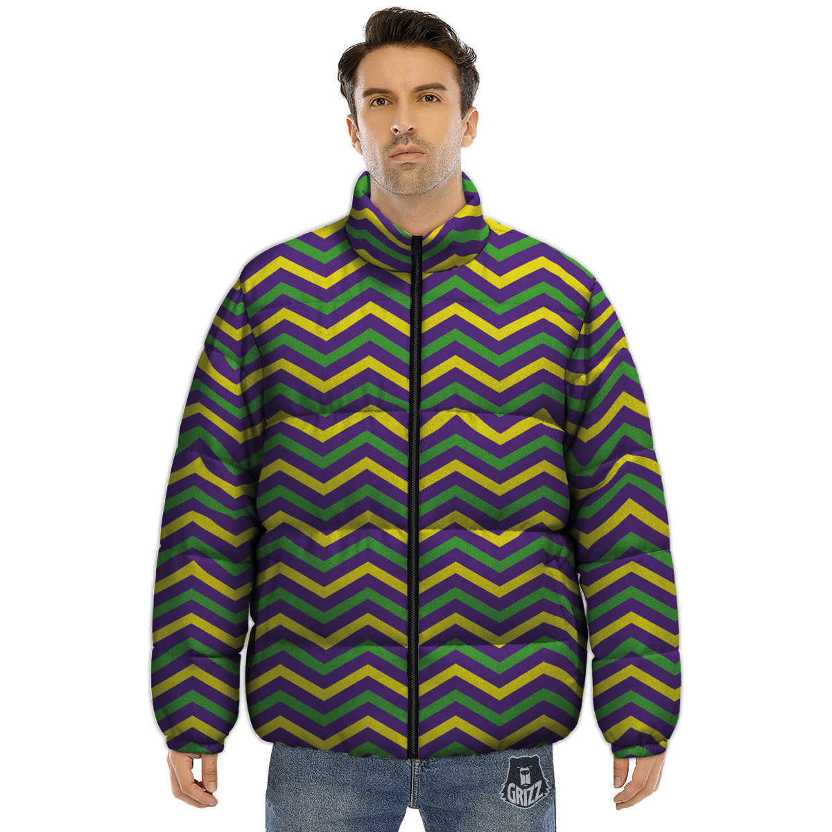 Fat Tuesday Chevron Mardi Gras Print Puffer Jacket-grizzshop