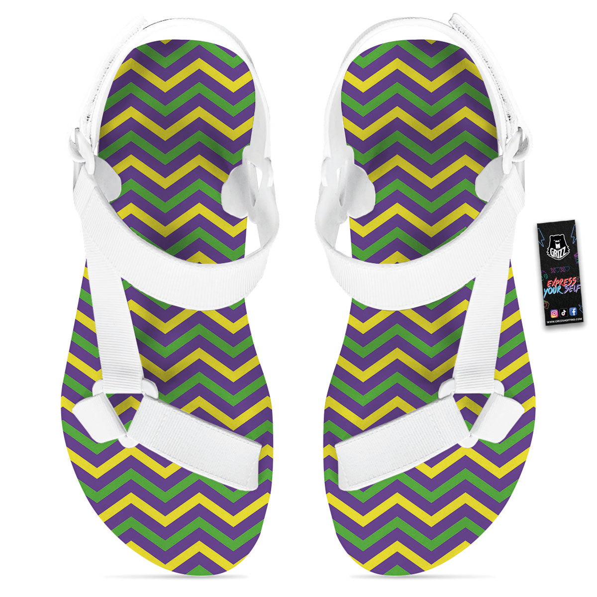 Fat Tuesday Chevron Mardi Gras Print White Open Toe Sandals-grizzshop