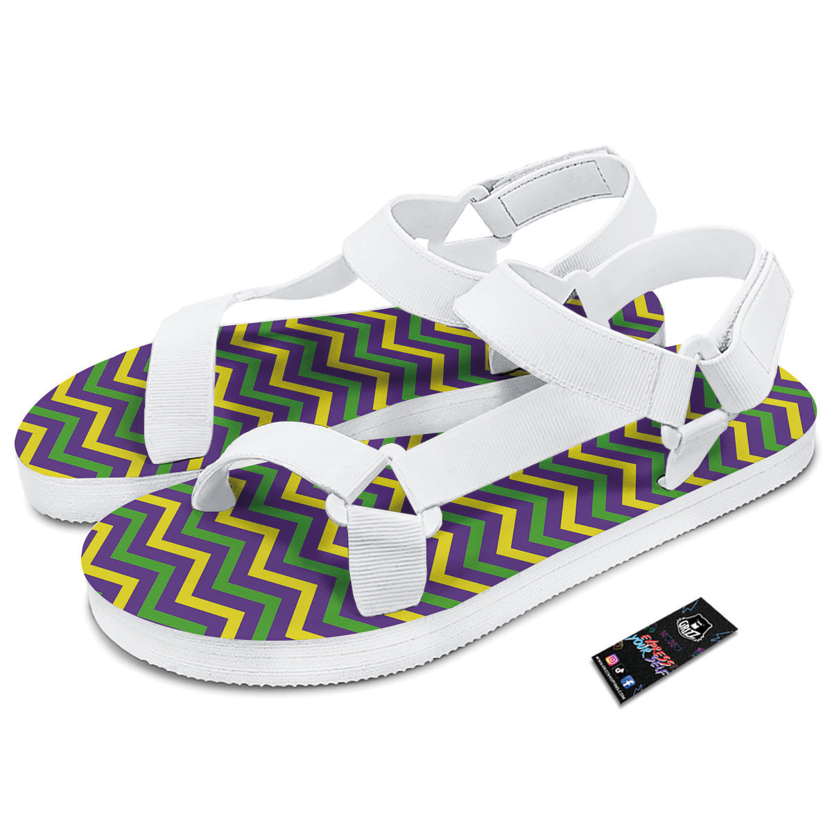Fat Tuesday Chevron Mardi Gras Print White Open Toe Sandals-grizzshop