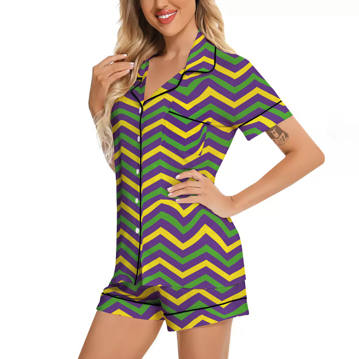 Fat Tuesday Chevron Mardi Gras Print Women Silk Pajamas-grizzshop