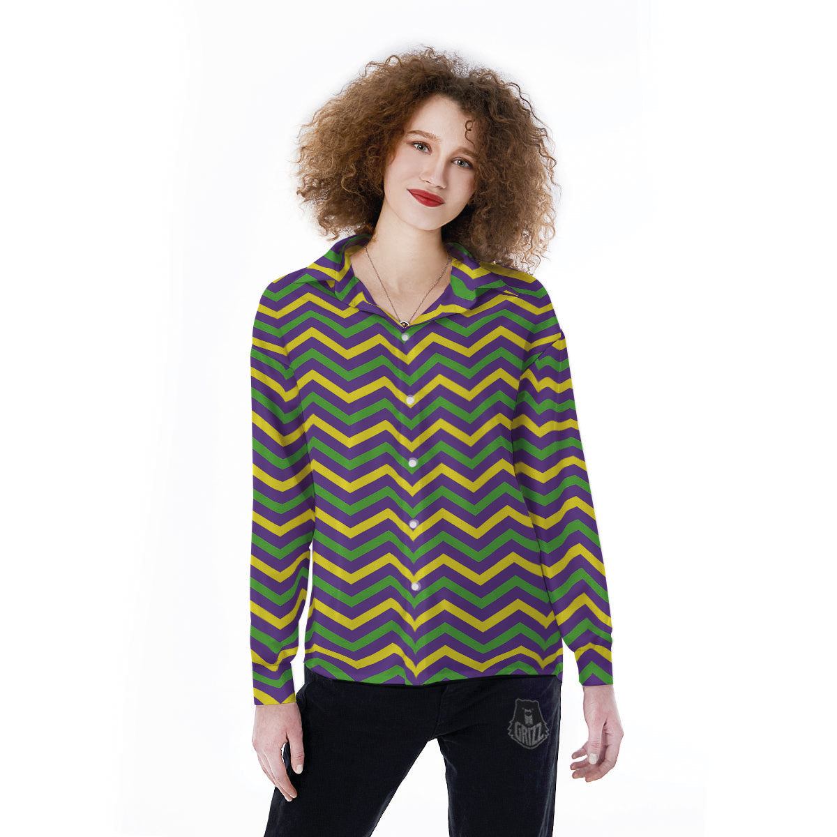 Fat Tuesday Chevron Mardi Gras Print Women's Long Sleeve Shirts-grizzshop