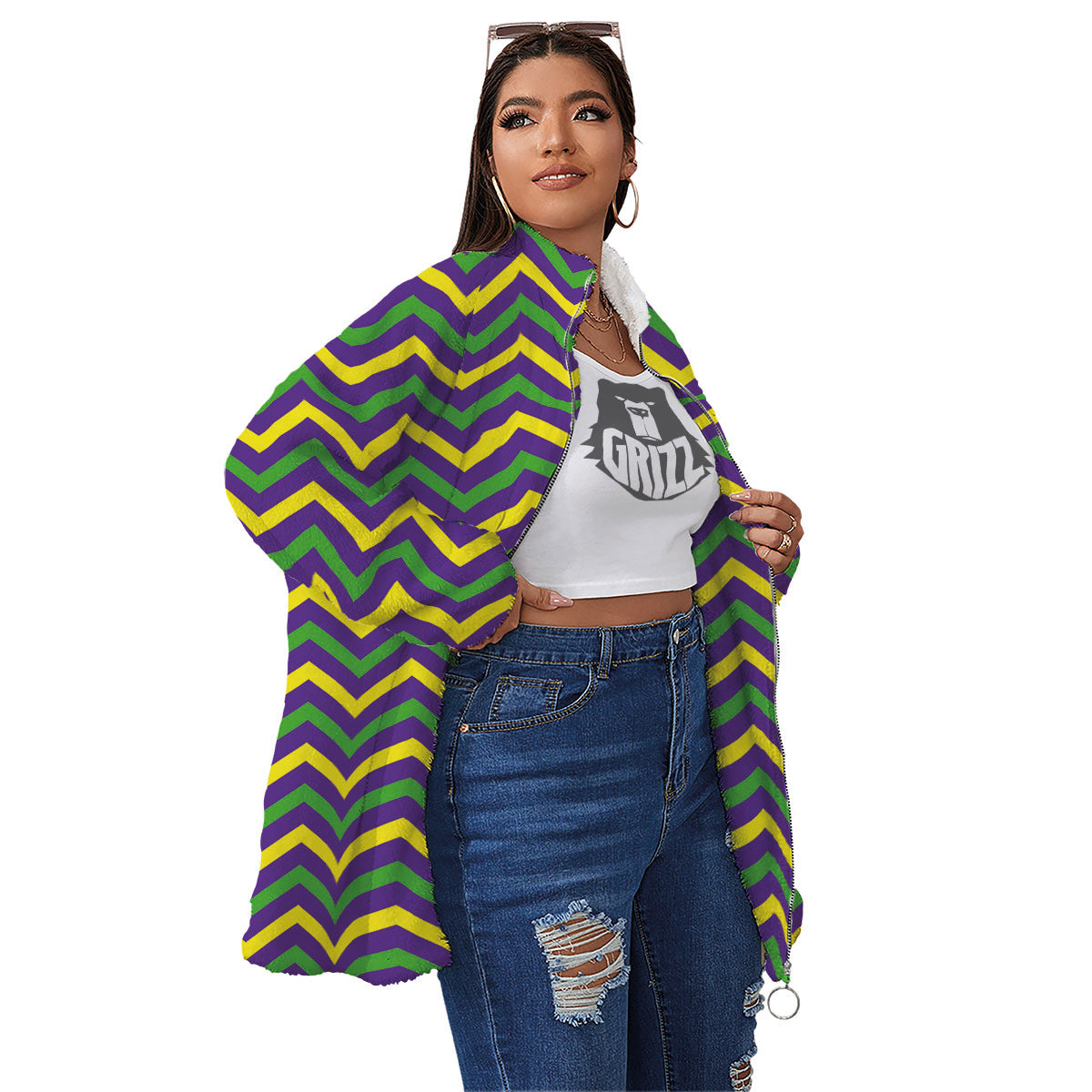 Fat Tuesday Chevron Mardi Gras Print Women's Sherpa Jacket-grizzshop