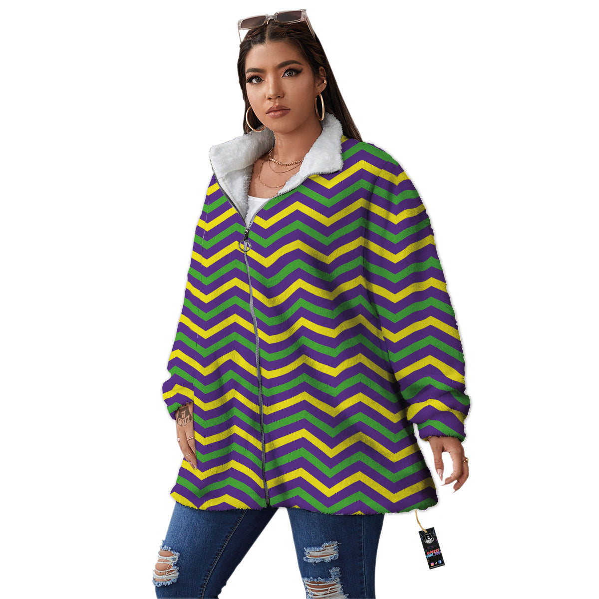 Fat Tuesday Chevron Mardi Gras Print Women's Sherpa Jacket-grizzshop