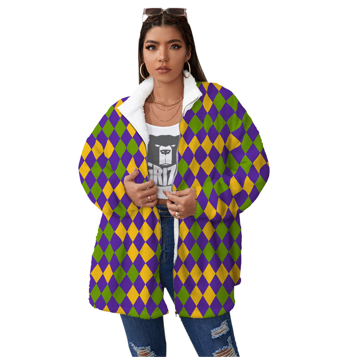 Fat Tuesday Mardi Gras Pattern Women's Sherpa Jacket-grizzshop