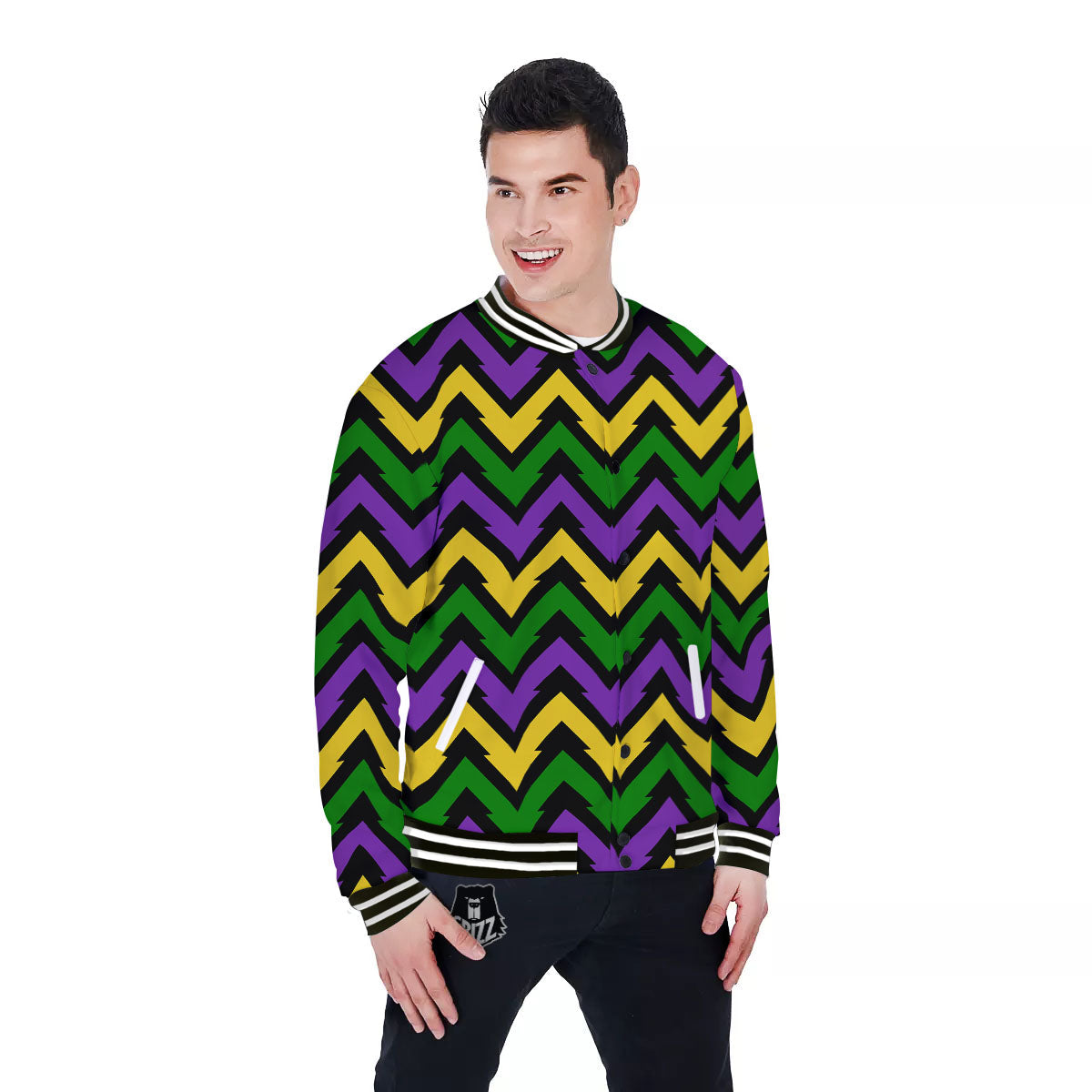 Fat Tuesday Zigzag Mardi Gras Print Baseball Jacket-grizzshop