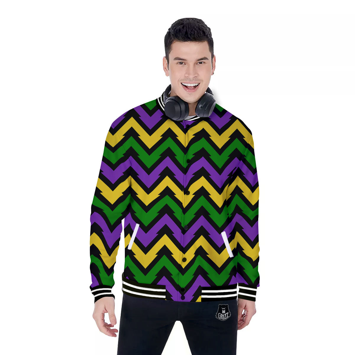 Fat Tuesday Zigzag Mardi Gras Print Baseball Jacket-grizzshop