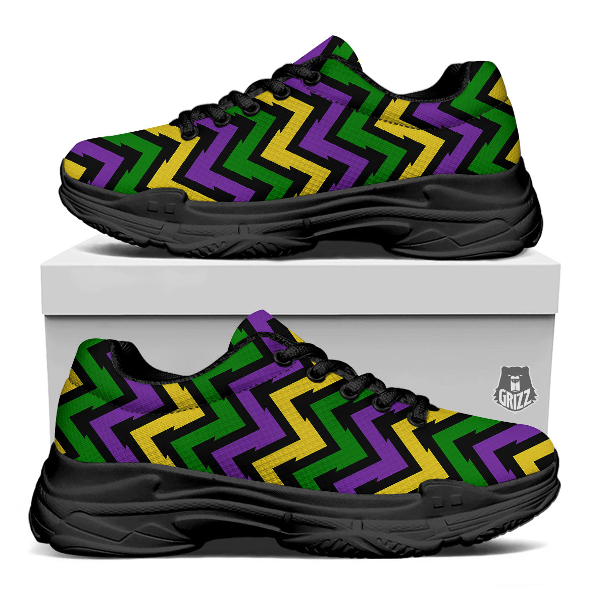 Fat Tuesday Zigzag Mardi Gras Print Black Chunky Shoes-grizzshop