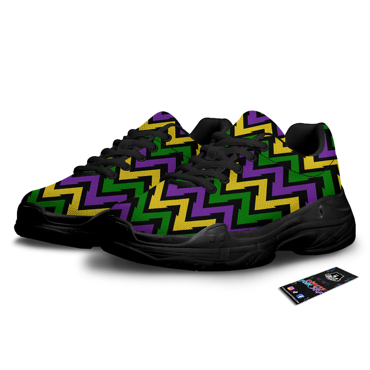 Fat Tuesday Zigzag Mardi Gras Print Black Chunky Shoes-grizzshop