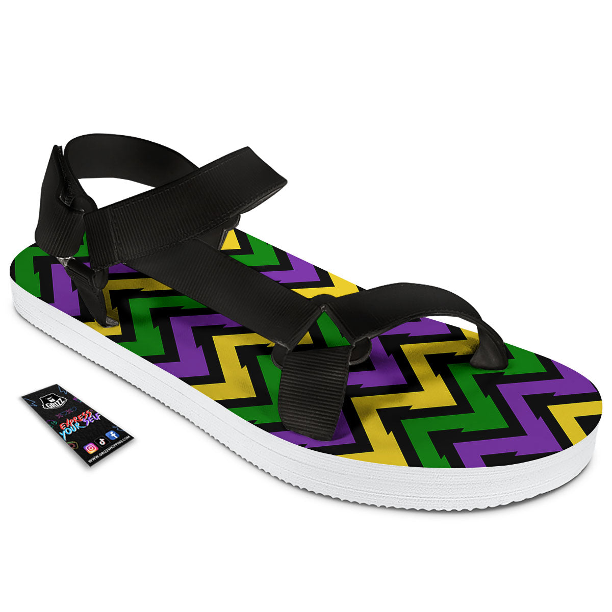 Fat Tuesday Zigzag Mardi Gras Print Black Open Toe Sandals-grizzshop