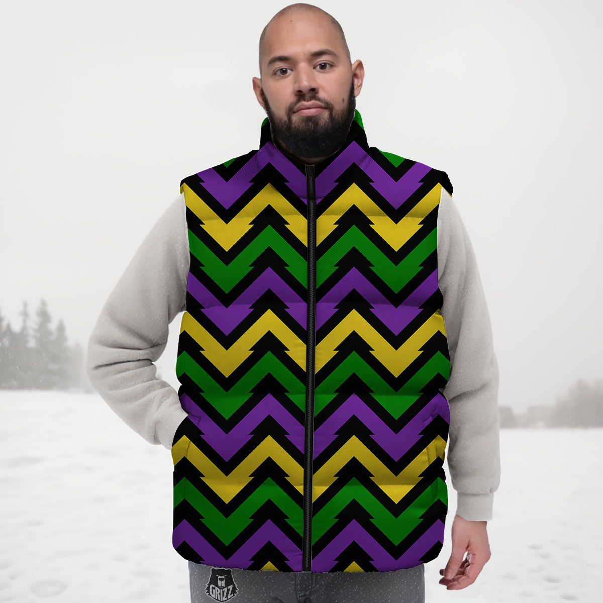 Fat Tuesday Zigzag Mardi Gras Print Down Vest