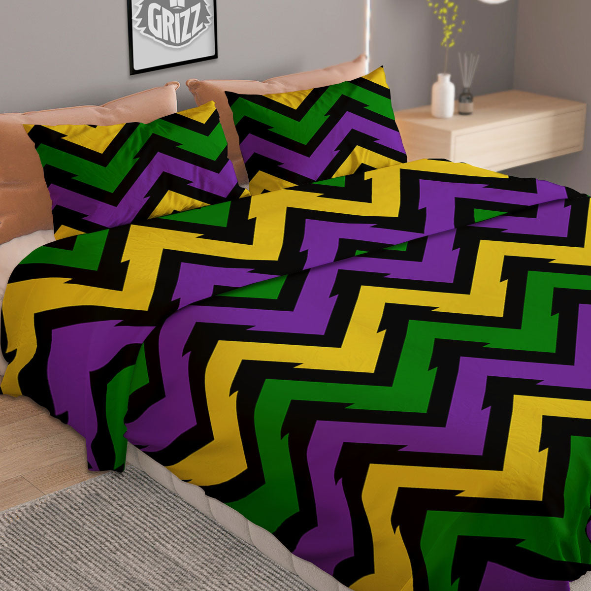 Fat Tuesday Zigzag Mardi Gras Print Duvet Cover Bedding Set
