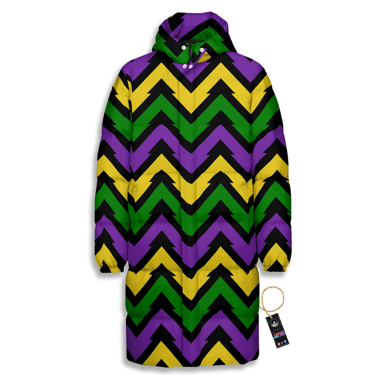 Fat Tuesday Zigzag Mardi Gras Print Long Down Jacket-grizzshop