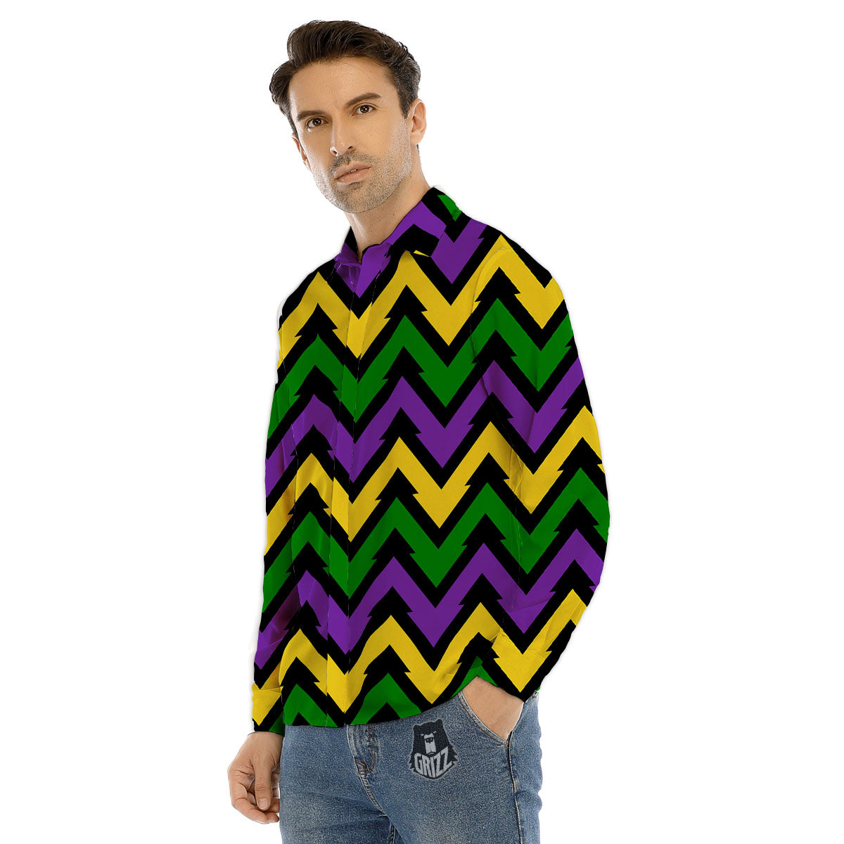 Fat Tuesday Zigzag Mardi Gras Print Men's Dress Shirts-grizzshop