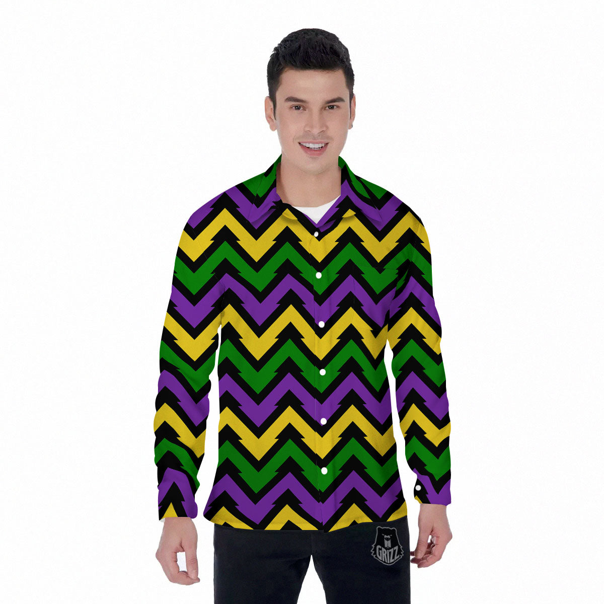 Fat Tuesday Zigzag Mardi Gras Print Men's Long Sleeve Shirts-grizzshop