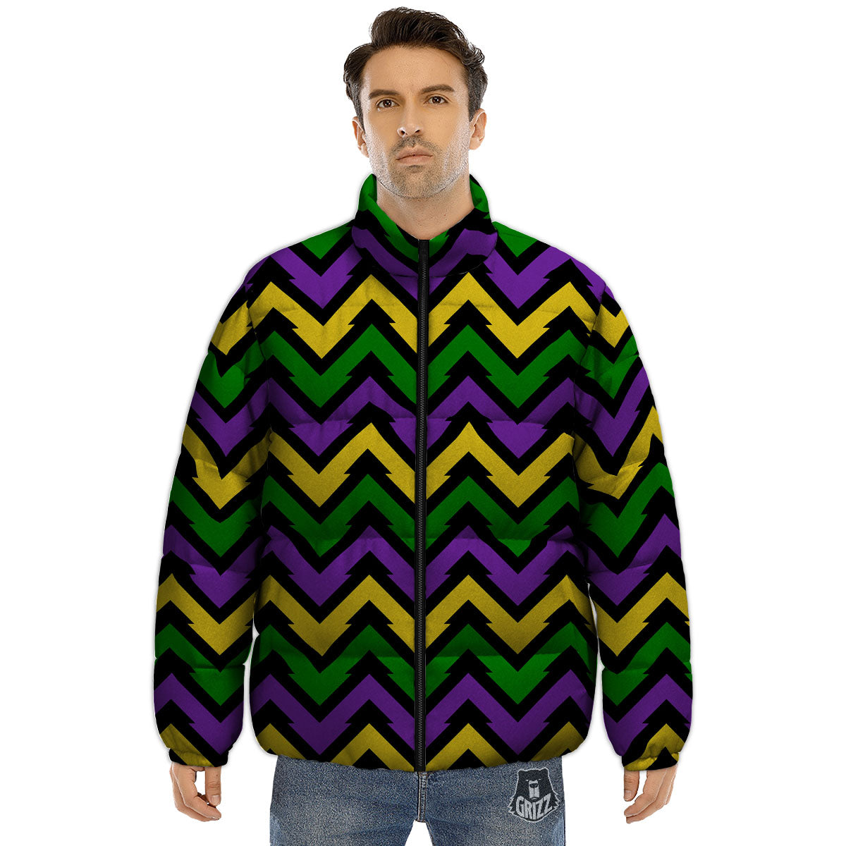 Fat Tuesday Zigzag Mardi Gras Print Puffer Jacket-grizzshop