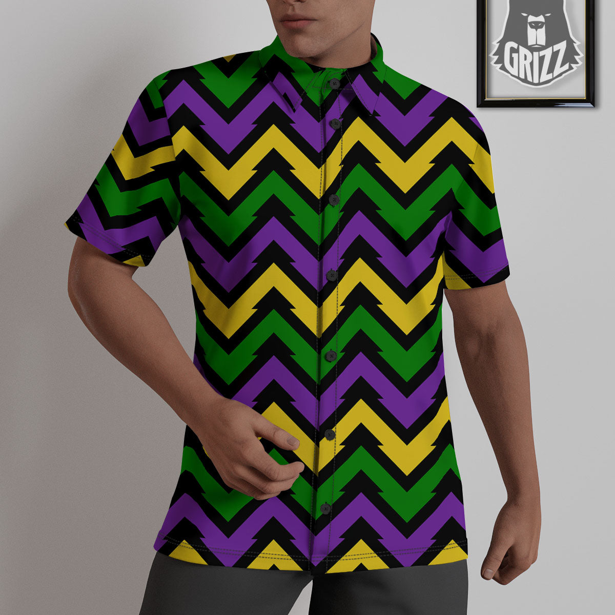 Fat Tuesday Zigzag Mardi Gras Print Untucked Shirts-grizzshop