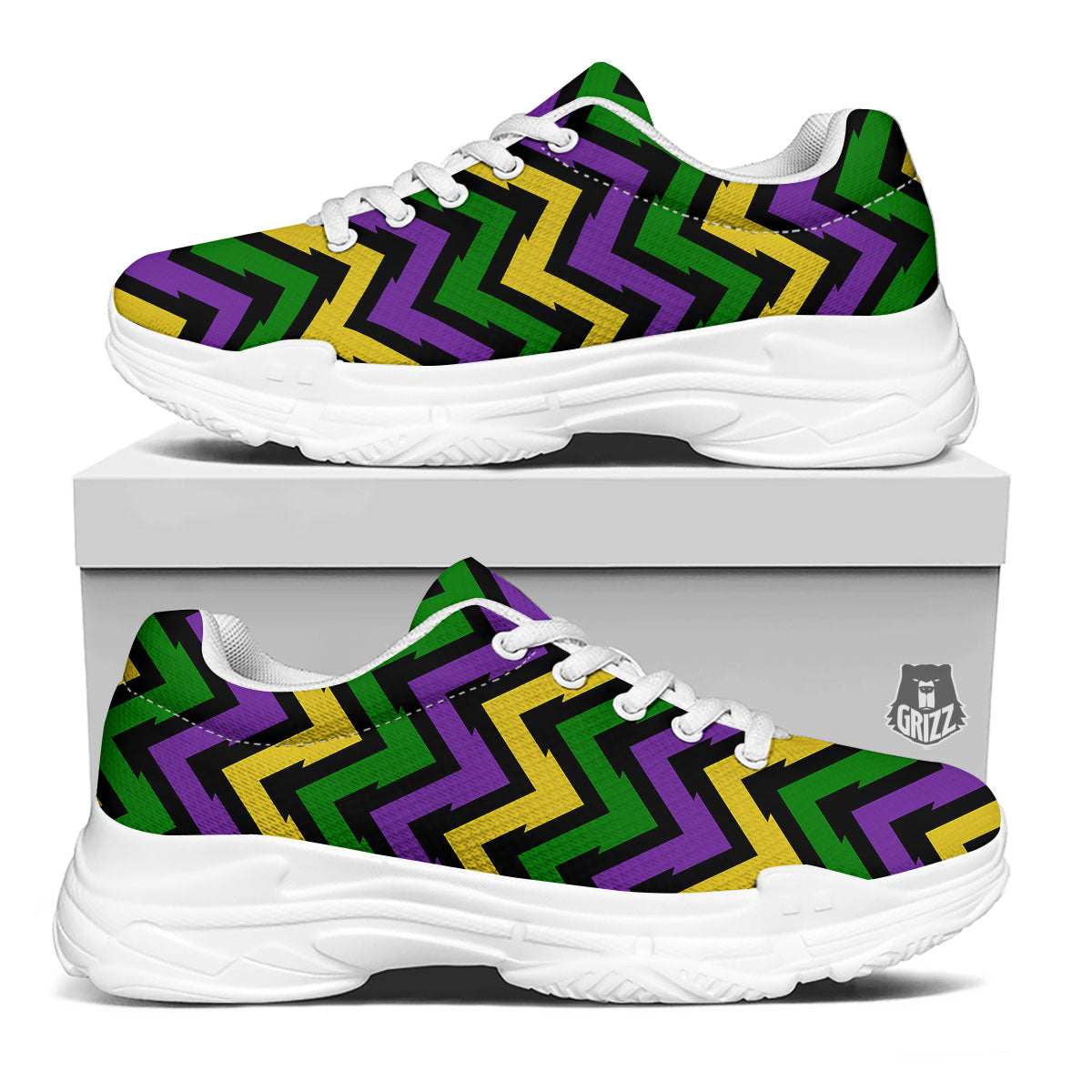 Fat Tuesday Zigzag Mardi Gras Print White Chunky Shoes-grizzshop