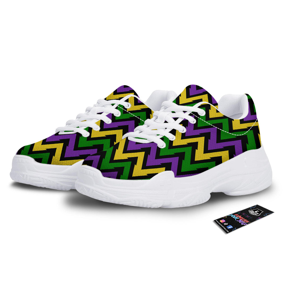 Fat Tuesday Zigzag Mardi Gras Print White Chunky Shoes-grizzshop