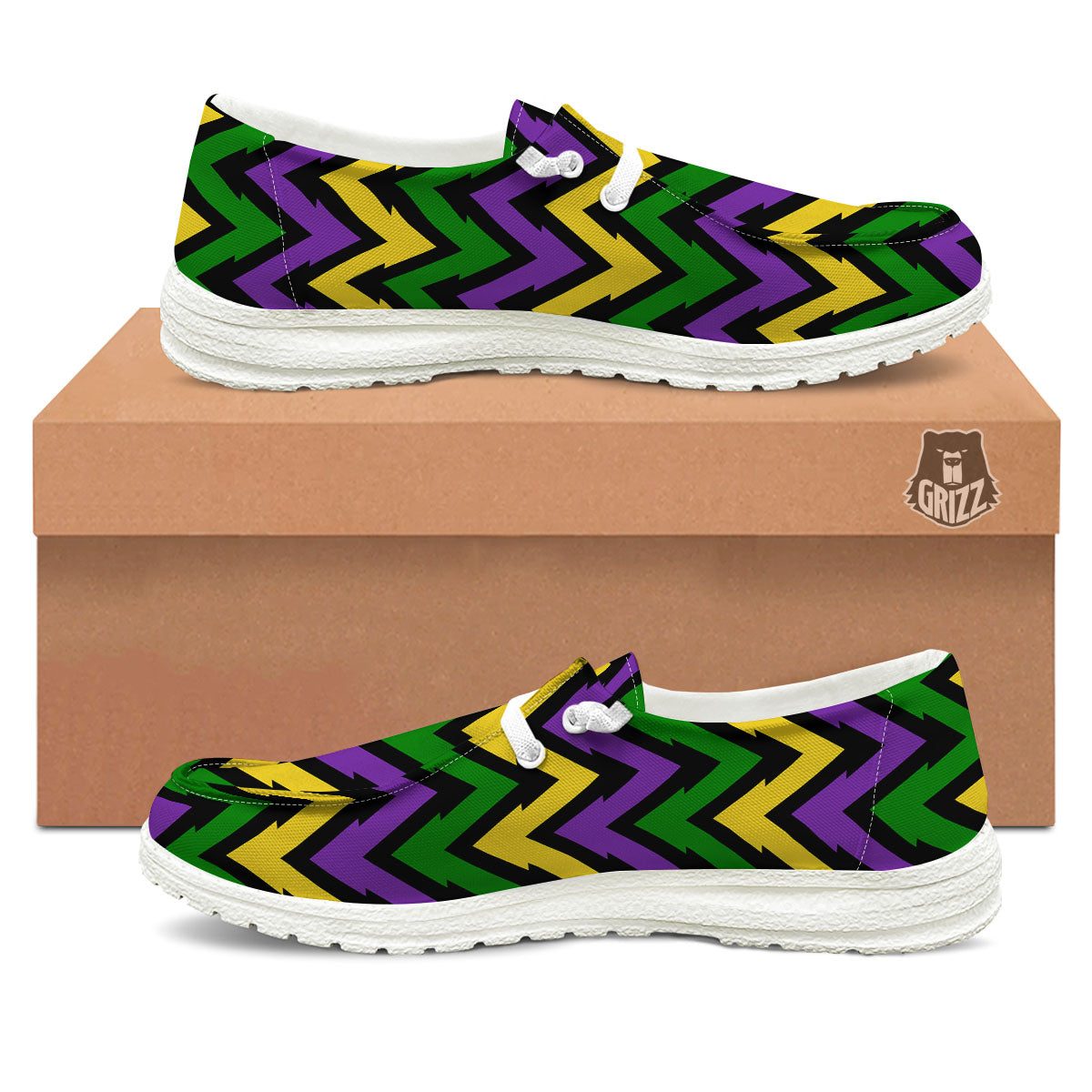 Fat Tuesday Zigzag Mardi Gras Print White Loafers-grizzshop
