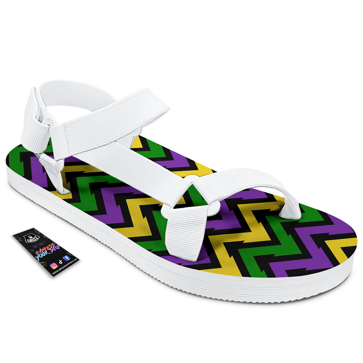 Fat Tuesday Zigzag Mardi Gras Print White Open Toe Sandals-grizzshop