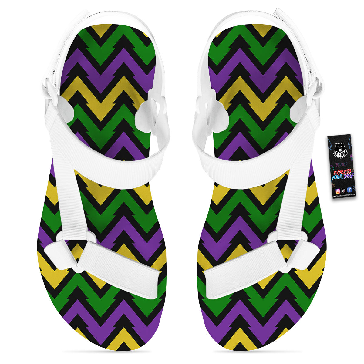 Fat Tuesday Zigzag Mardi Gras Print White Open Toe Sandals-grizzshop