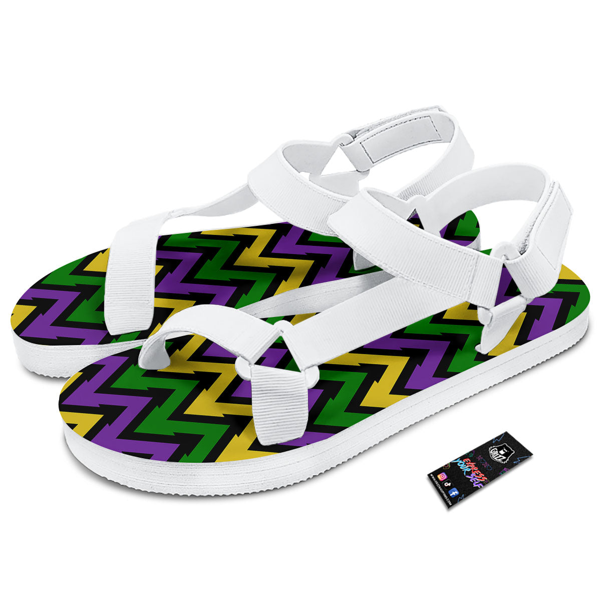 Fat Tuesday Zigzag Mardi Gras Print White Open Toe Sandals-grizzshop