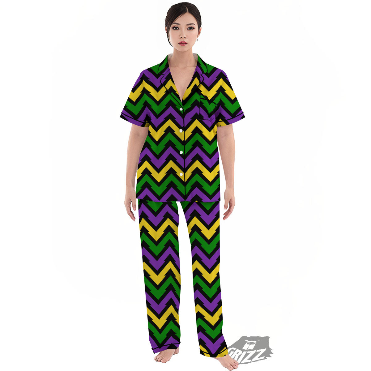 Fat Tuesday Zigzag Mardi Gras Print Women's Pajamas Set-grizzshop
