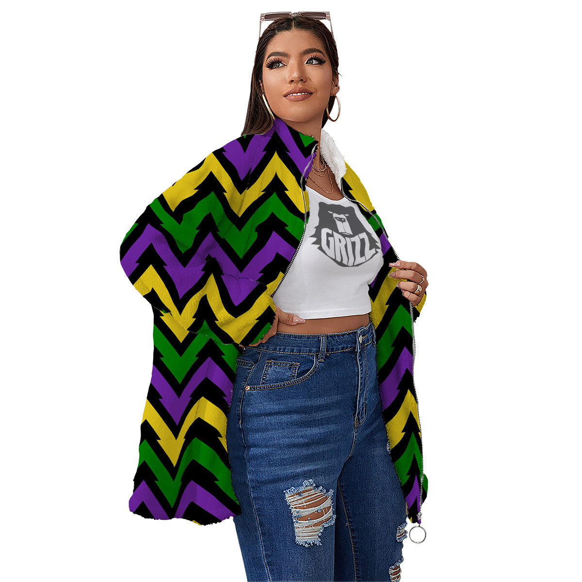Fat Tuesday Zigzag Mardi Gras Print Women's Sherpa Jacket-grizzshop