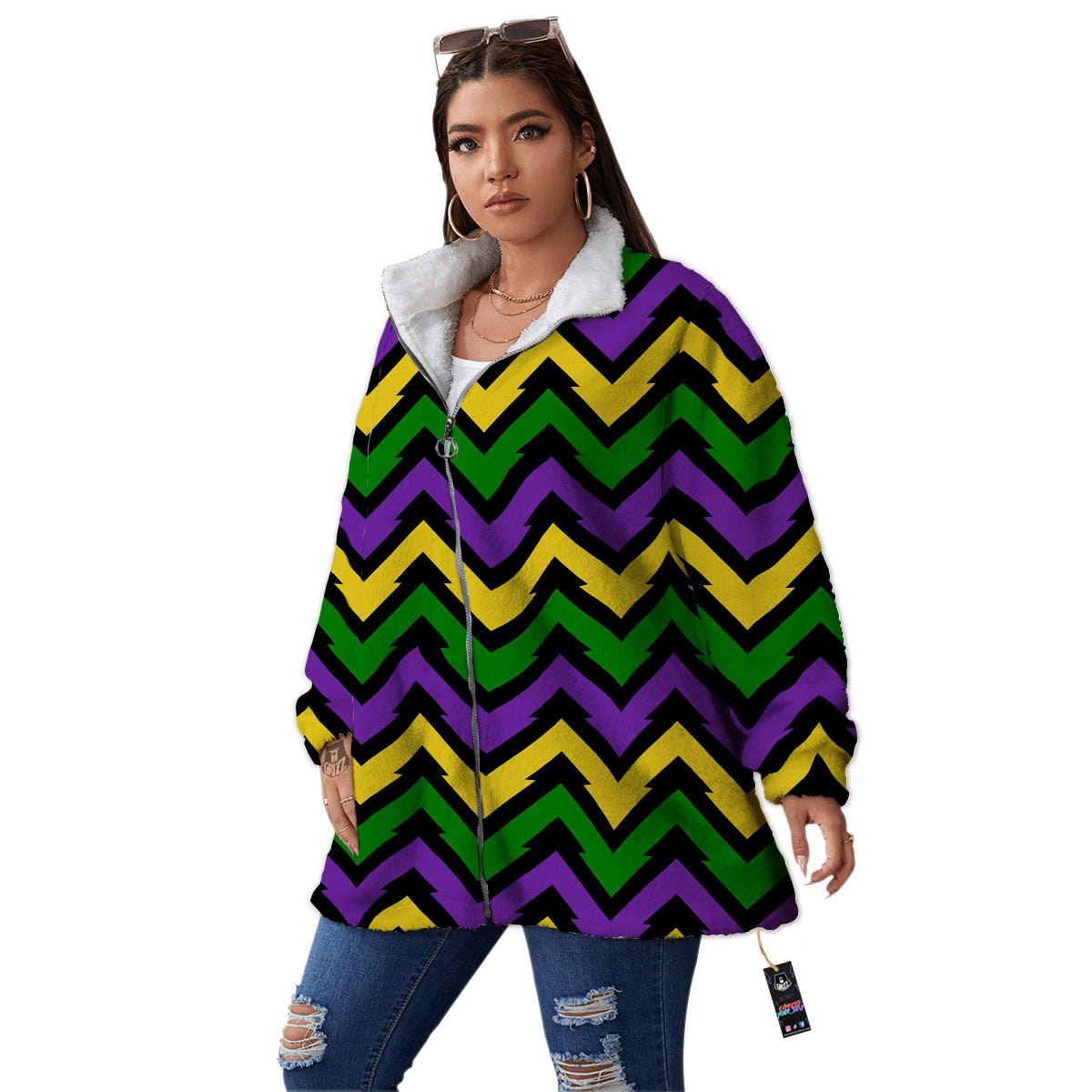 Fat Tuesday Zigzag Mardi Gras Print Women's Sherpa Jacket-grizzshop