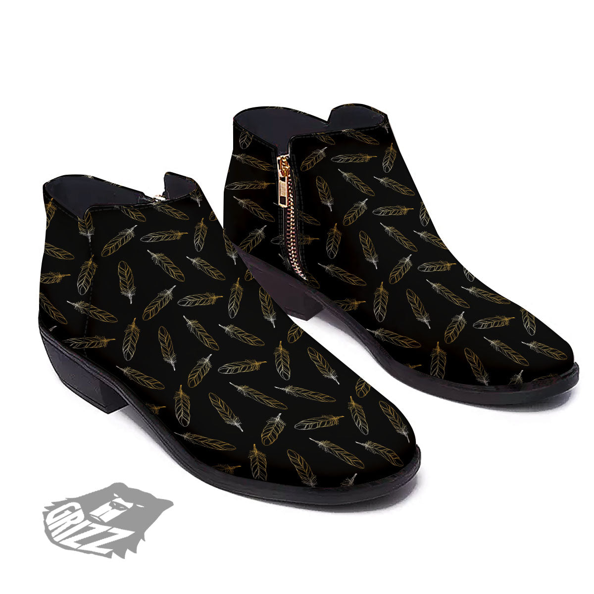 Feather Black And Gold Print Pattern Ankle Boots-grizzshop