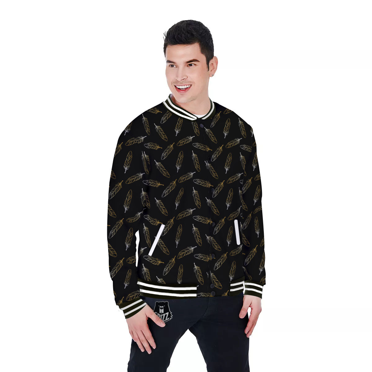 Feather Black And Gold Print Pattern Baseball Jacket-grizzshop