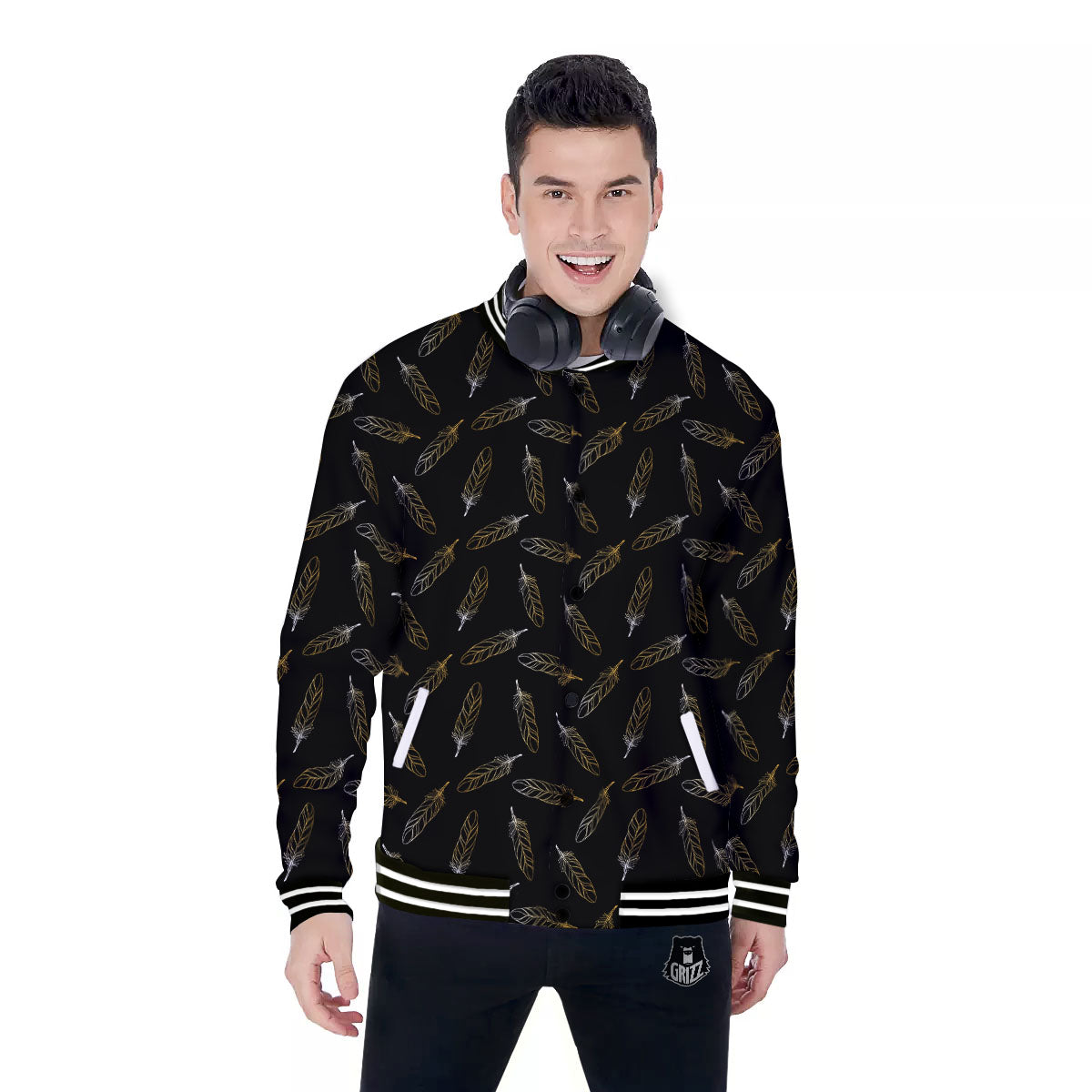 Feather Black And Gold Print Pattern Baseball Jacket-grizzshop