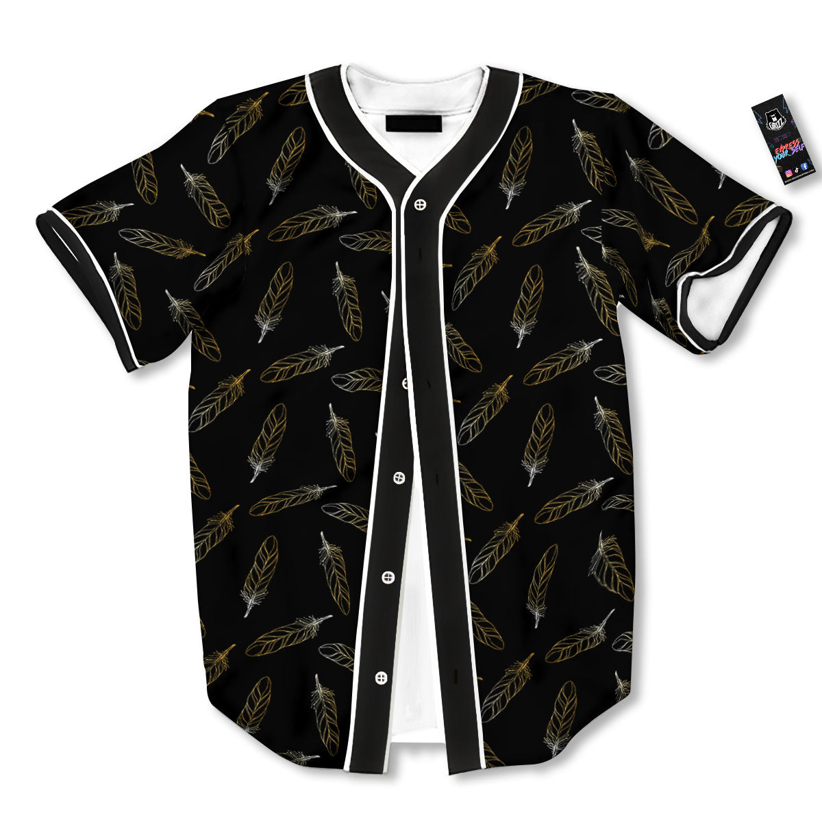 Feather Black And Gold Print Pattern Baseball Jersey-grizzshop
