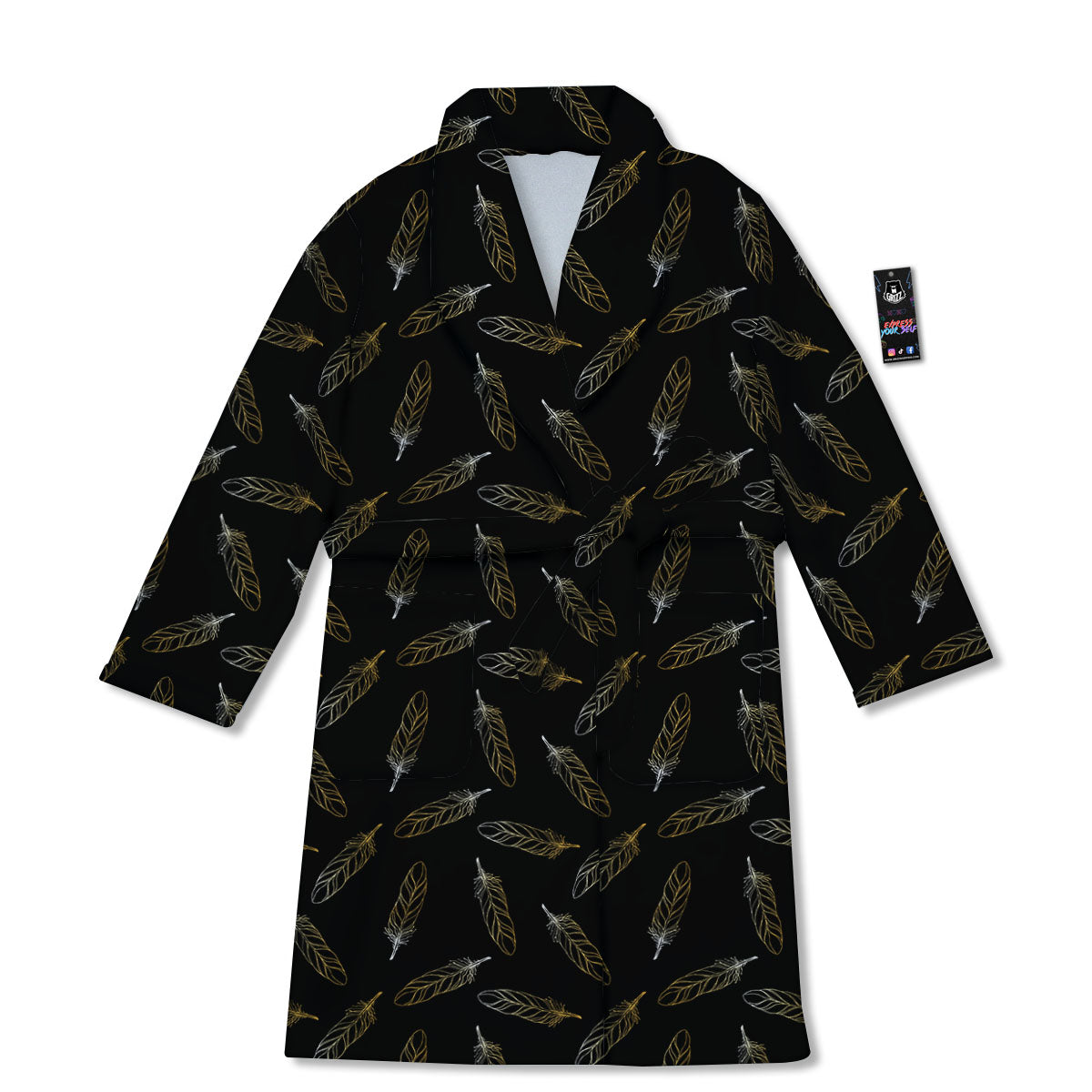 Feather Black And Gold Print Pattern Bathrobe-grizzshop
