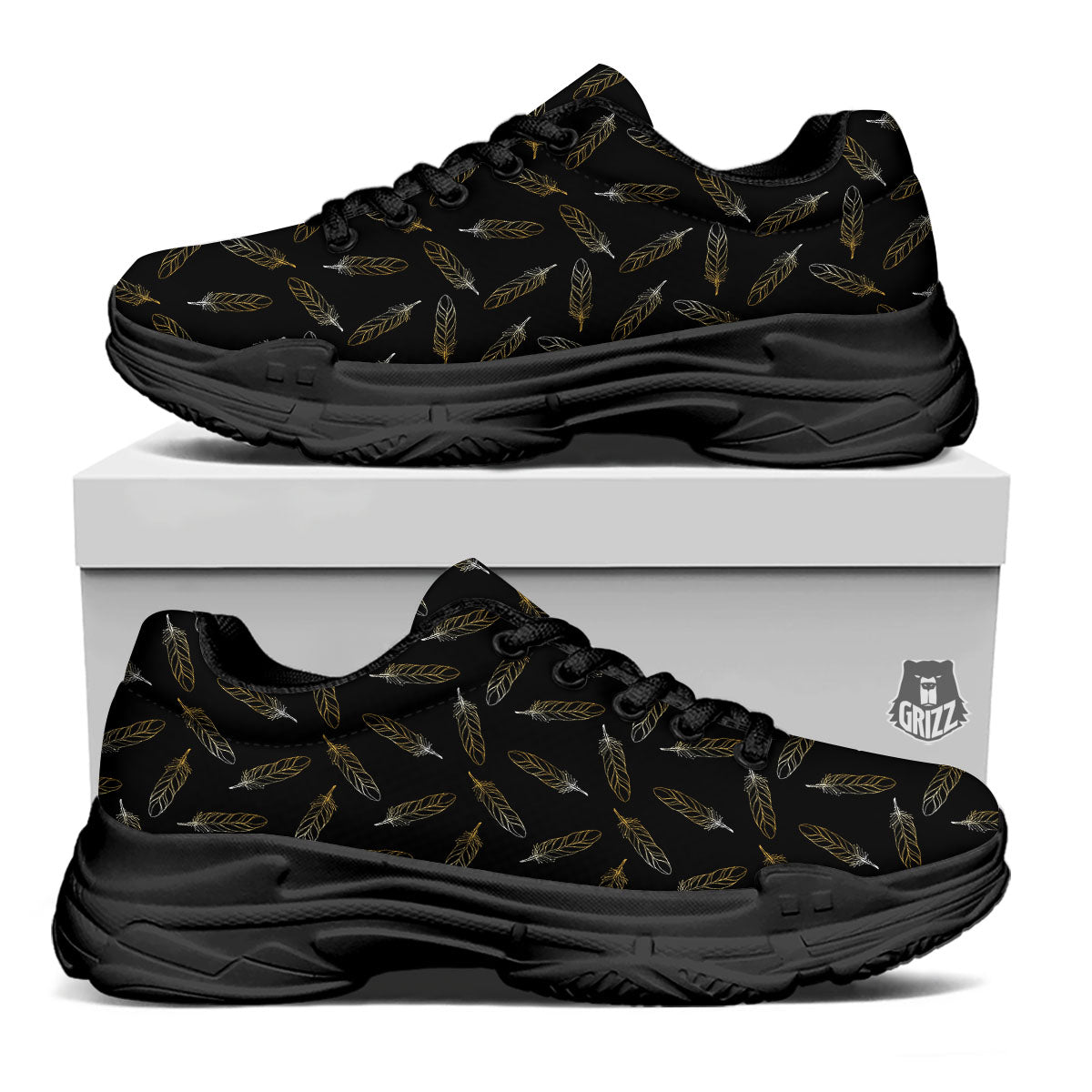 Feather Black And Gold Print Pattern Black Chunky Shoes-grizzshop