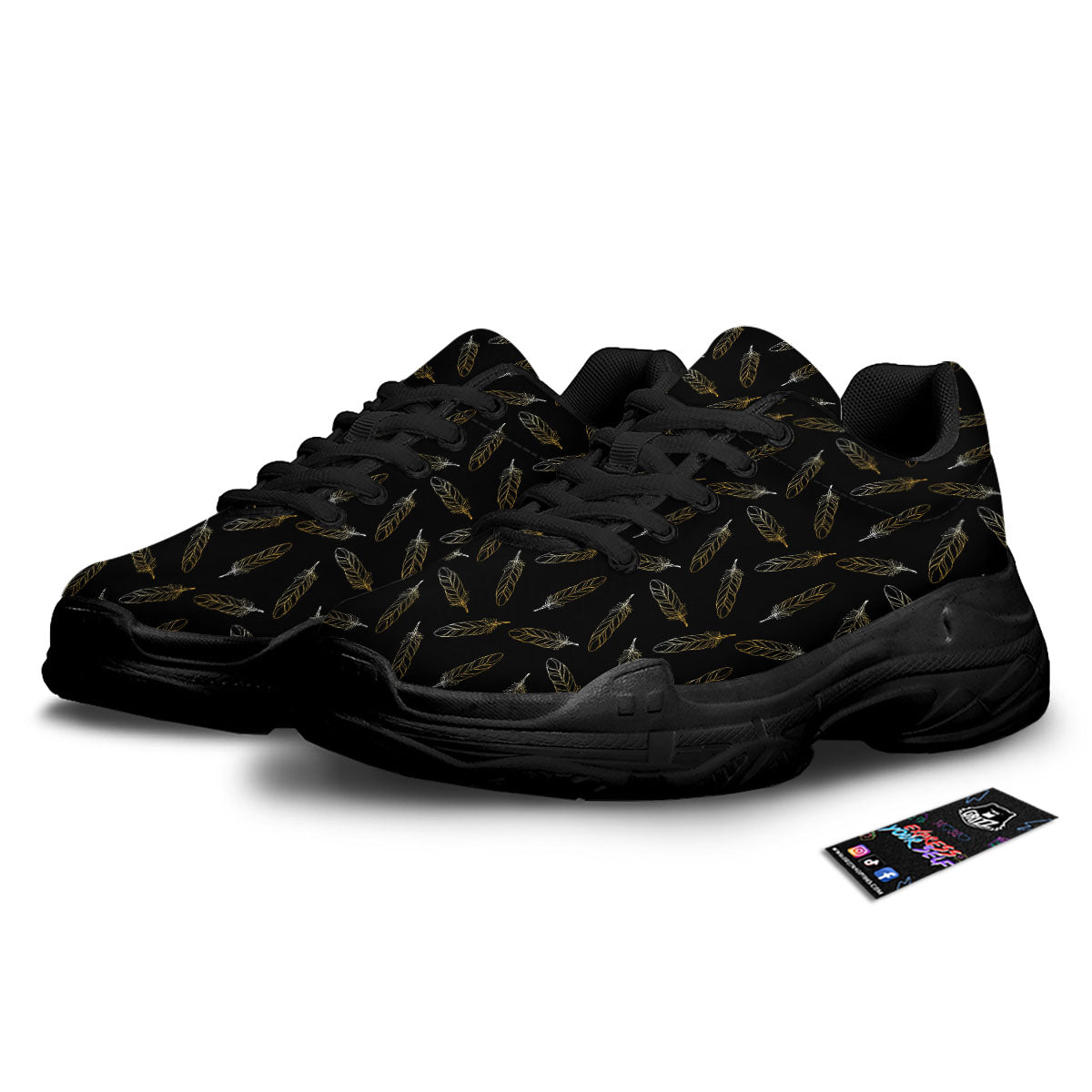 Feather Black And Gold Print Pattern Black Chunky Shoes-grizzshop