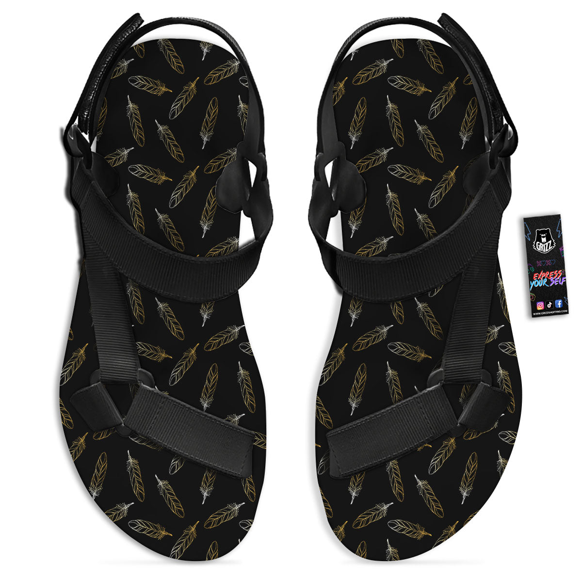 Feather Black And Gold Print Pattern Black Open Toe Sandals-grizzshop