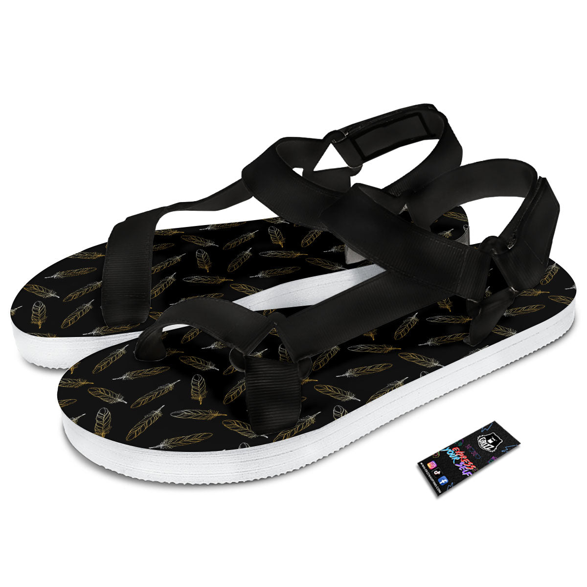 Feather Black And Gold Print Pattern Black Open Toe Sandals-grizzshop