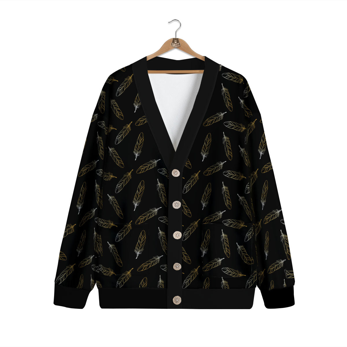 Feather Black And Gold Print Pattern Cardigan-grizzshop
